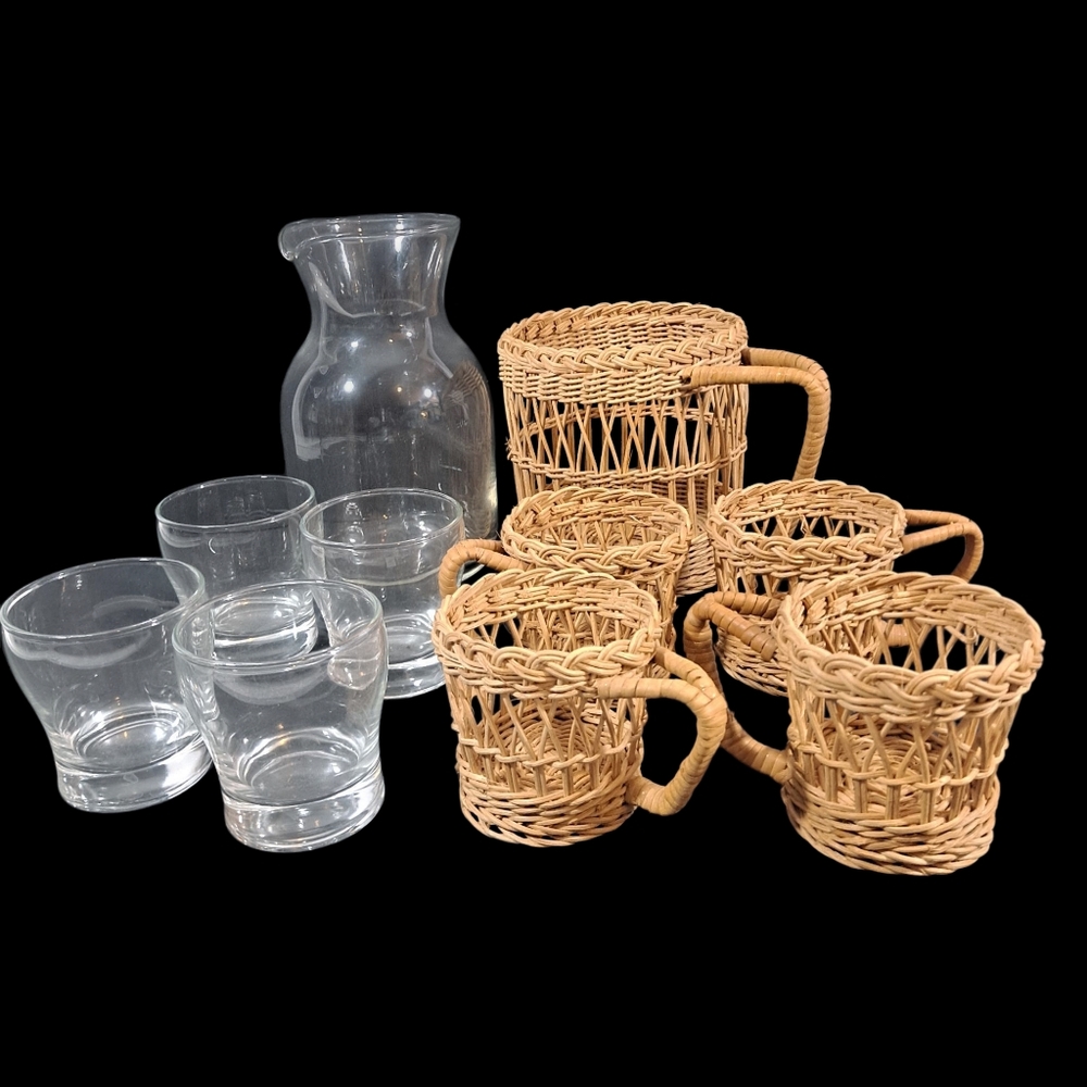 Vintage Rattan Juice Pitcher Four Glasses Snack Dish Set Wicker Boho MCM - Picture 4 of 12